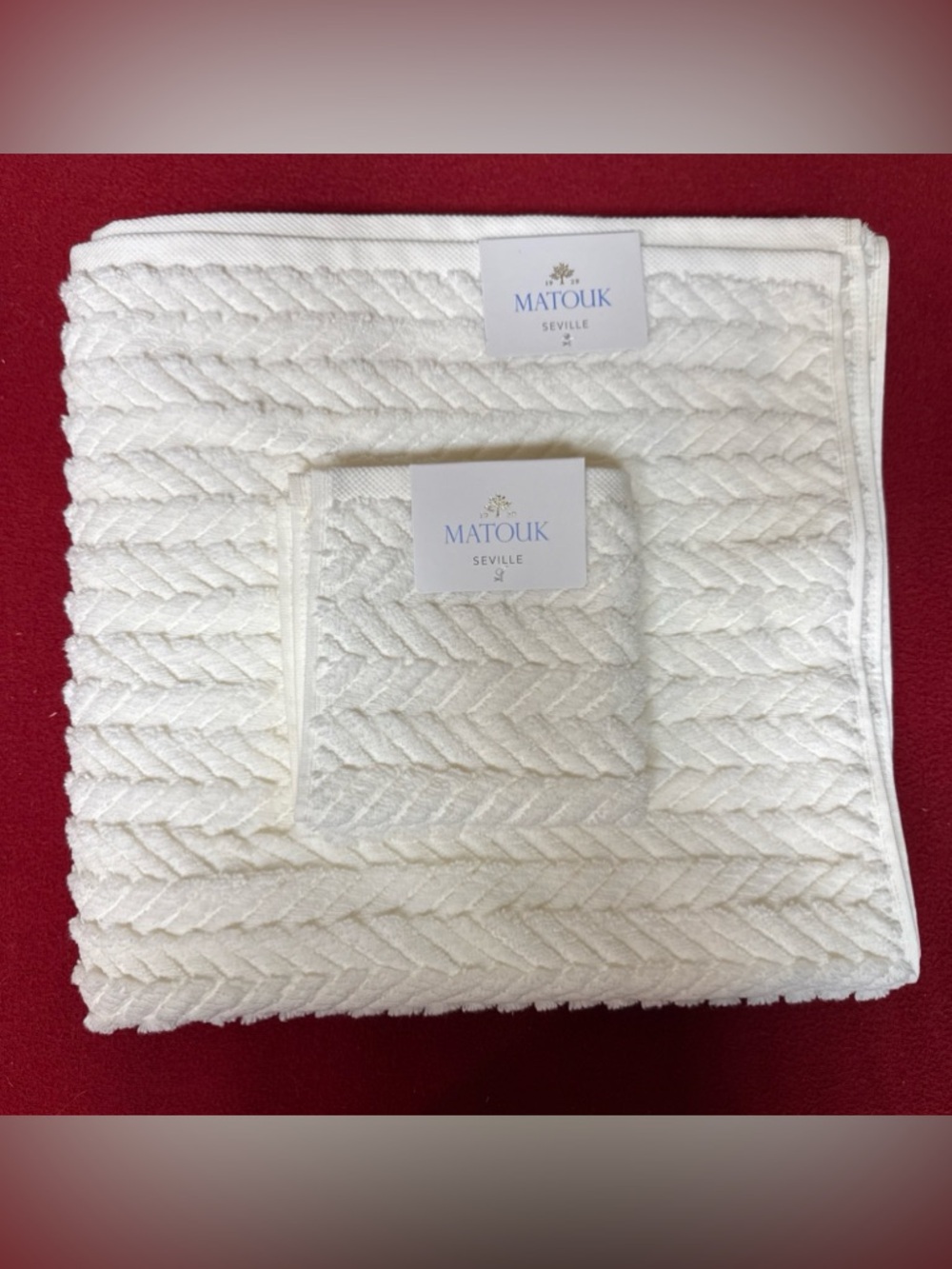 Matouk Seville 2 Pc:1 Bath Towel 1 Washcloth Bone Loose Braid Pattern Cotton NWT